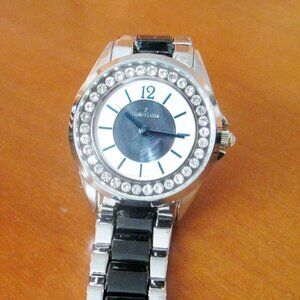 Charles Latour Women's Watch 1499A Silvertone Black Blue Trim Water Resistant